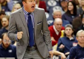 BYU's head coach Chris McGown calls out to his players as BYU and Cal Baptist University play Saturday, Feb. 7, 2015, at BYU in the Smith Field House in Provo.